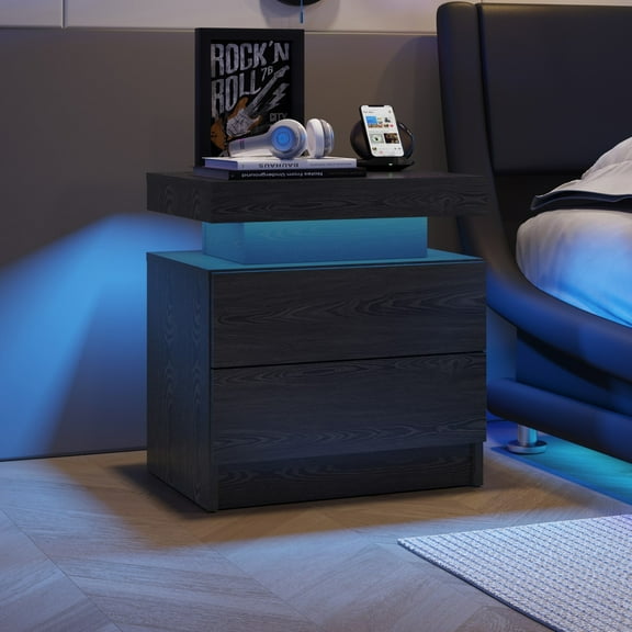 Modern End Side Table with LED Bedside Cabinet Lights and 2 Drawers for Bedroom (Black Woodgrain)