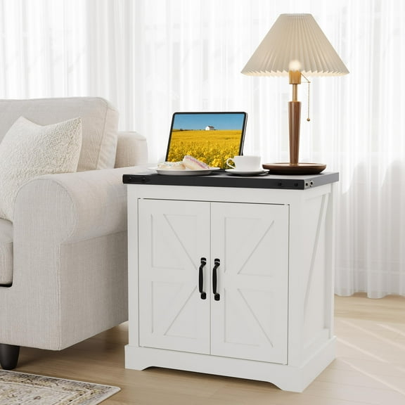 Modern End Table - 24" White Farmhouse End Table with USB Charging Station & 2 Barn Doors, Rustic Wood, Storage Cabinet for Bedroom & Living Room