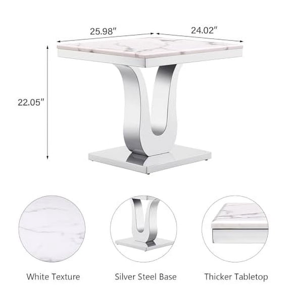 Modern End Table, 26" Square Living Room Side Table with White Top and Silver Mirrored Metal U-Base for Living Room, Bedroom, Office