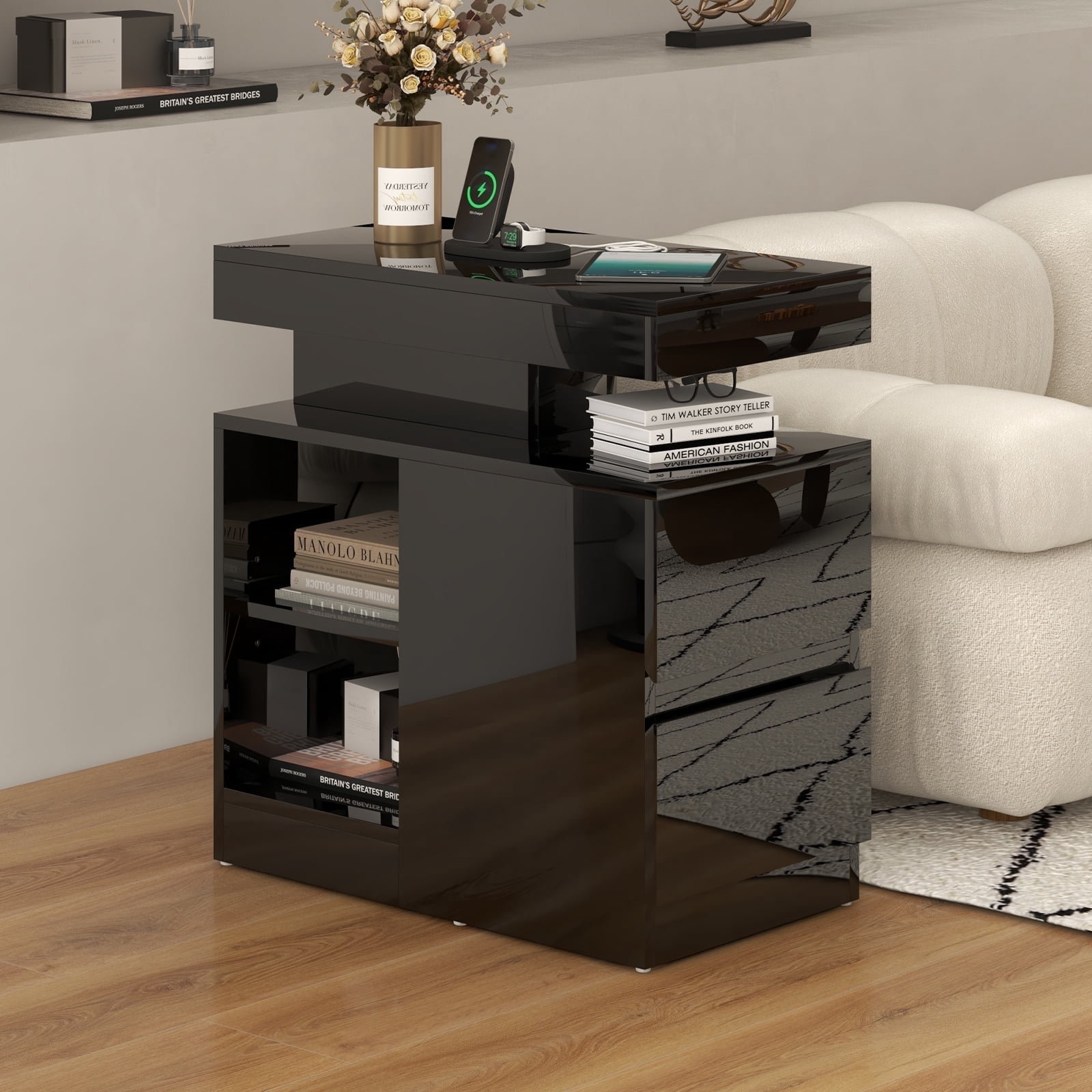Modern End Table with Charging Station and Drawers, High-gloss Surface LED Light Strip with 15 Color Options, Stylish Storage Solution for Living Room, Bedroom, Study, Black