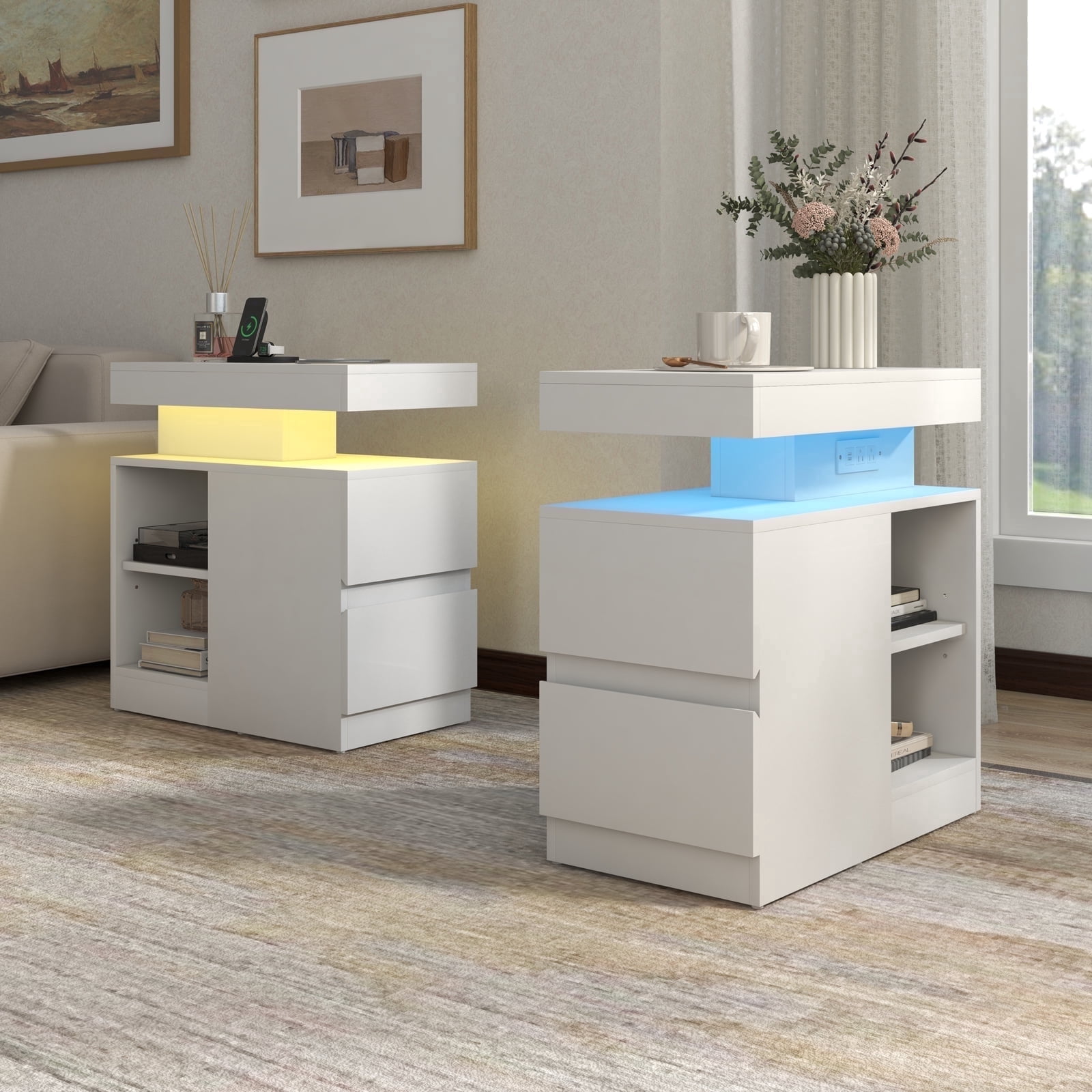 Modern End Table with Charging Station and Drawers, High-gloss Surface LED Light Strip with 15 Color Options, Stylish Storage Solution for Living Room, Bedroom, Study, Set of 2