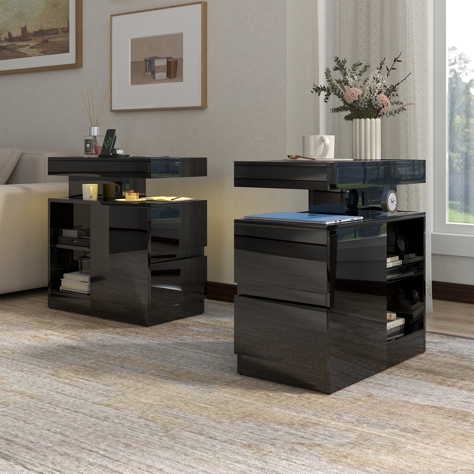 Modern End Table with Charging Station and Drawers, High-gloss Surface LED Light Strip with 15 Color Options, Stylish Storage Solution for Living Room, Bedroom, Study, Set of 2, Black