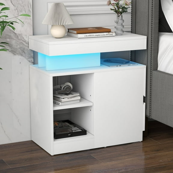 Modern End Table with Charging Station and Drawers, High-gloss Surface LED Light Strip with 15 Color Options, Stylish Storage Solution for Living Room, Bedroom, Study