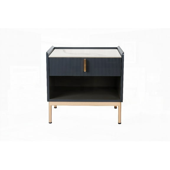 Modern End Table & Night Stand: Stone Top & Gold Frame, Charcoal & White Design