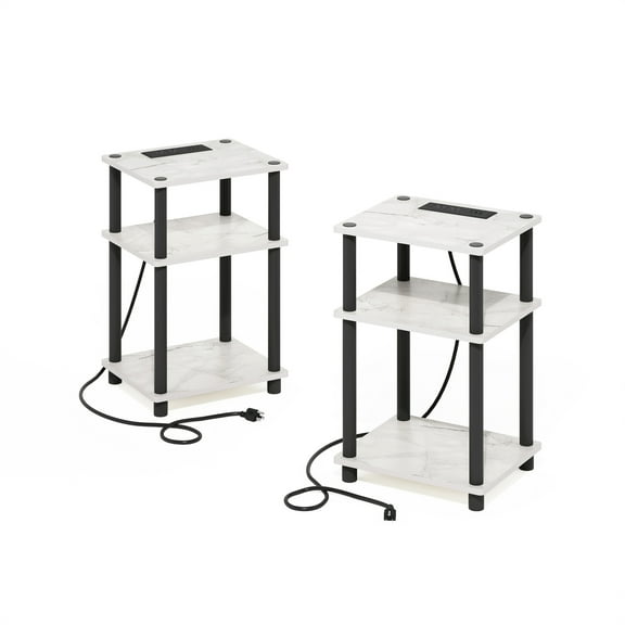 Modern End Table Set with Charging Ports, Living Room Side Tables - White & Black (Set of 2)
