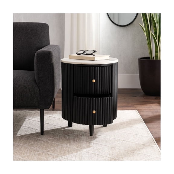 Modern End Table, Side Table, or Small Night Stand - Sturdy Bedside Table with Two Wooden Storage Drawers and Marble Top - Perfect for Small Spaces, Bedroom, or Living Room Decor - 22" White & Black