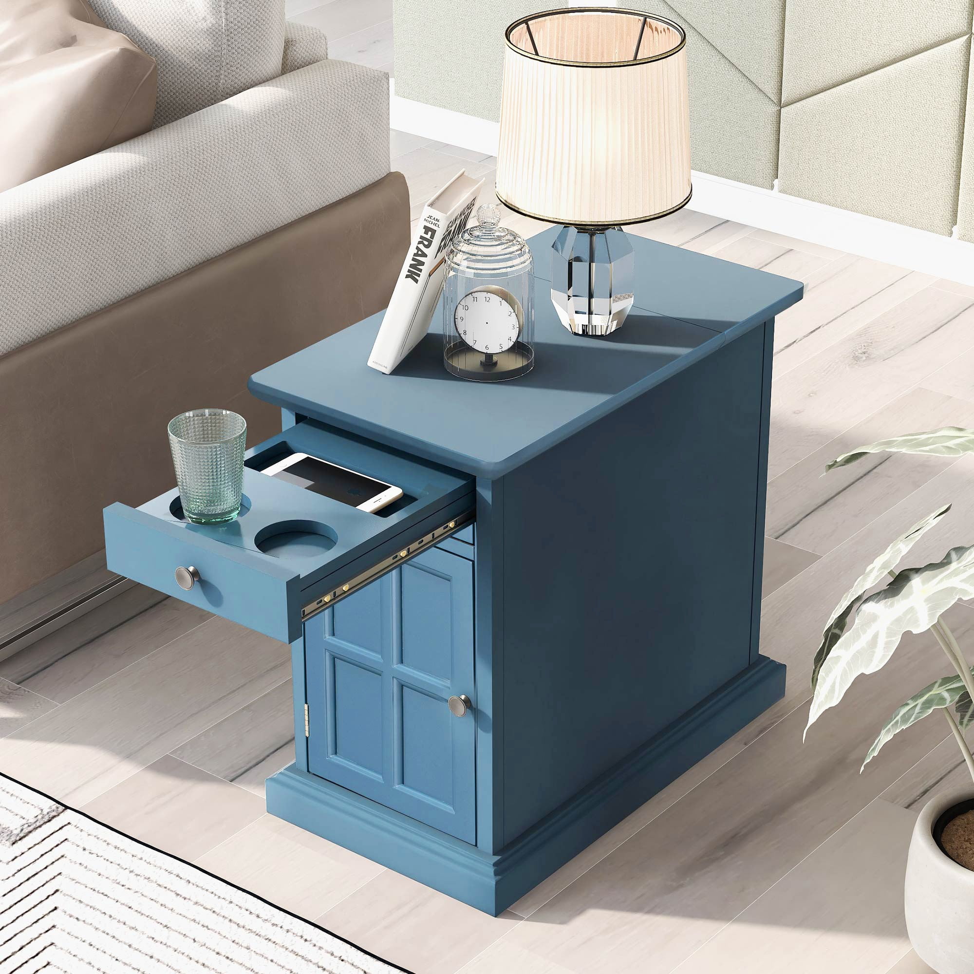 Modern End Table Side Table with USB Ports & Cup Holders,Accent Table Bedside Table for Small Spaces,Living Room,Bedroom,Navy