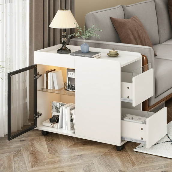 Modern End Table With Led Light And Wheels, Side Table With Transparent Brown Glass Door, 2 Storage Shelves And Drawers For Living Room, White