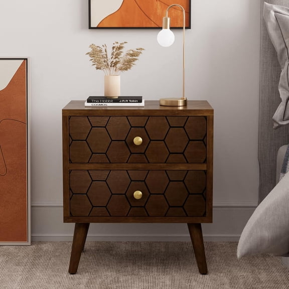 Modern End Table w Honeycomb Pattern, Mid-Century Nightstand w Storage Drawer, Small Wood Accent End Table for Bedroom, Living Room