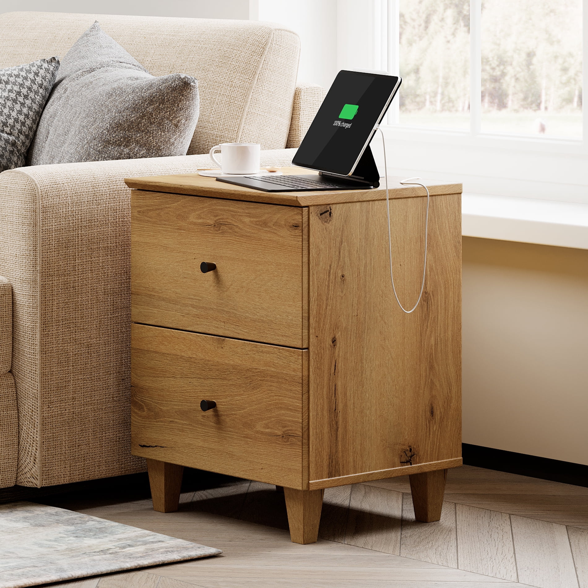 Modern End Table with Charging Station, Wooden Side Table with 2 Storage Drawers, Small Nightstand for Living Room, Dark Brown Wood