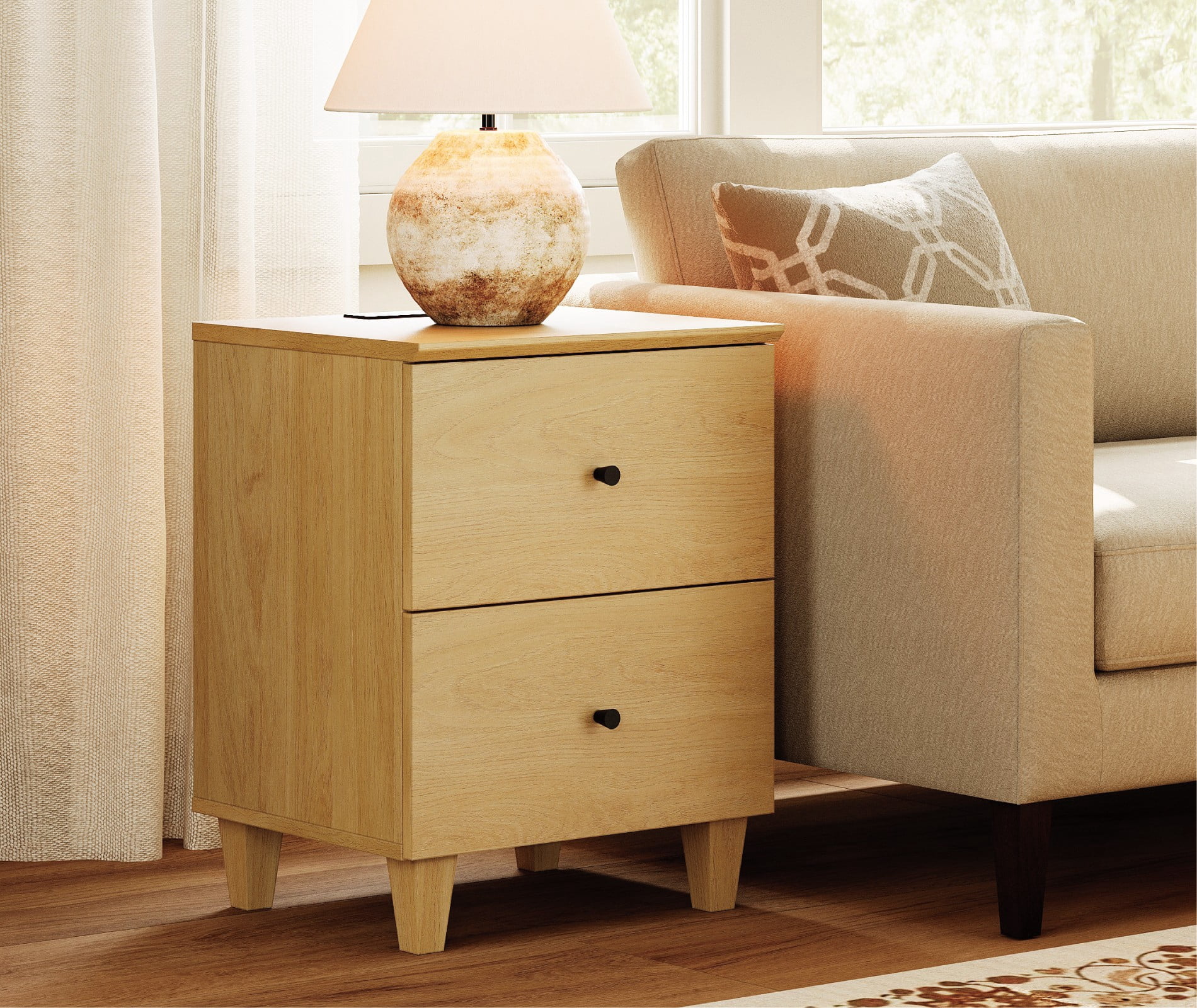 Modern End Table with Charging Station, Wooden Side Table with 2 Storage Drawers, Small Nightstand for Living Room, Oak Wood