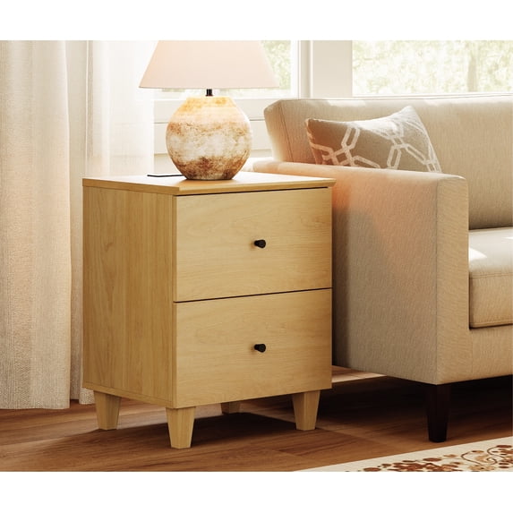 Modern End Table with Charging Station, Wooden Side Table with 2 Storage Drawers, Small Nightstand for Living Room, Oak Wood