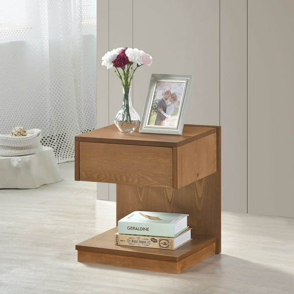 Modern End Table with Drawer, Open Shelf & USB Port Brown Wood Finish