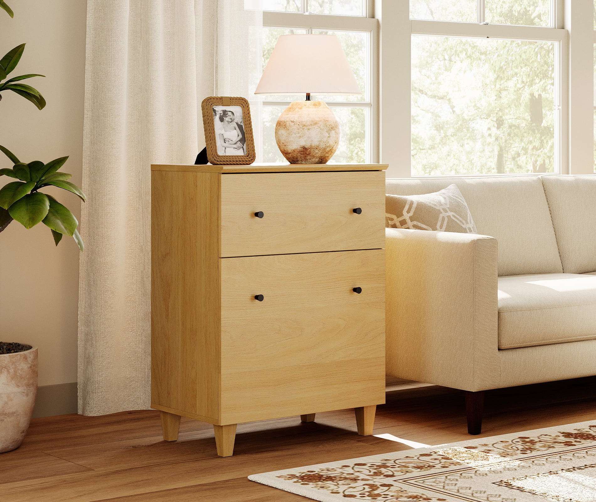 Modern End Table with Drawer and Cabinet, Large Side Table with Adjustable Storage Shelf, Wooden Nightstand for Living Room, Oak