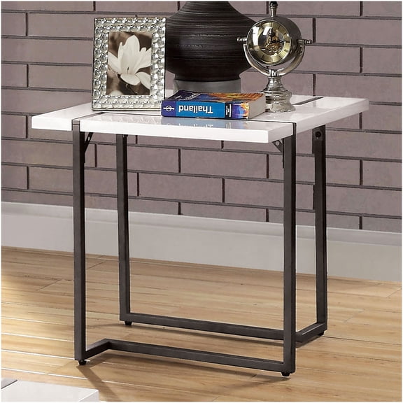 Modern End Table with High Gloss Lacquer Top and Metal Legs, Two-Tone White and Gunmetal Finish, Contemporary Accent Table for Living Room