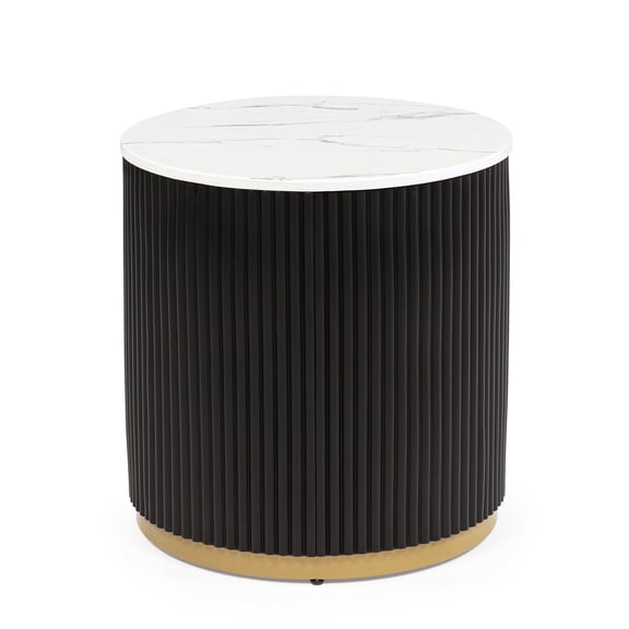 Modern End Table with Marble Top and Gold Base, Reeded Design Cocktail Table for Living Room, Black and White Accent Furniture