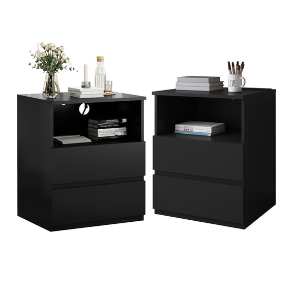 Black End Table with USB C Charging, 2 Drawers and Storage Cabinet, Particle Board, 19.68 x 15.74 x 23.62 in