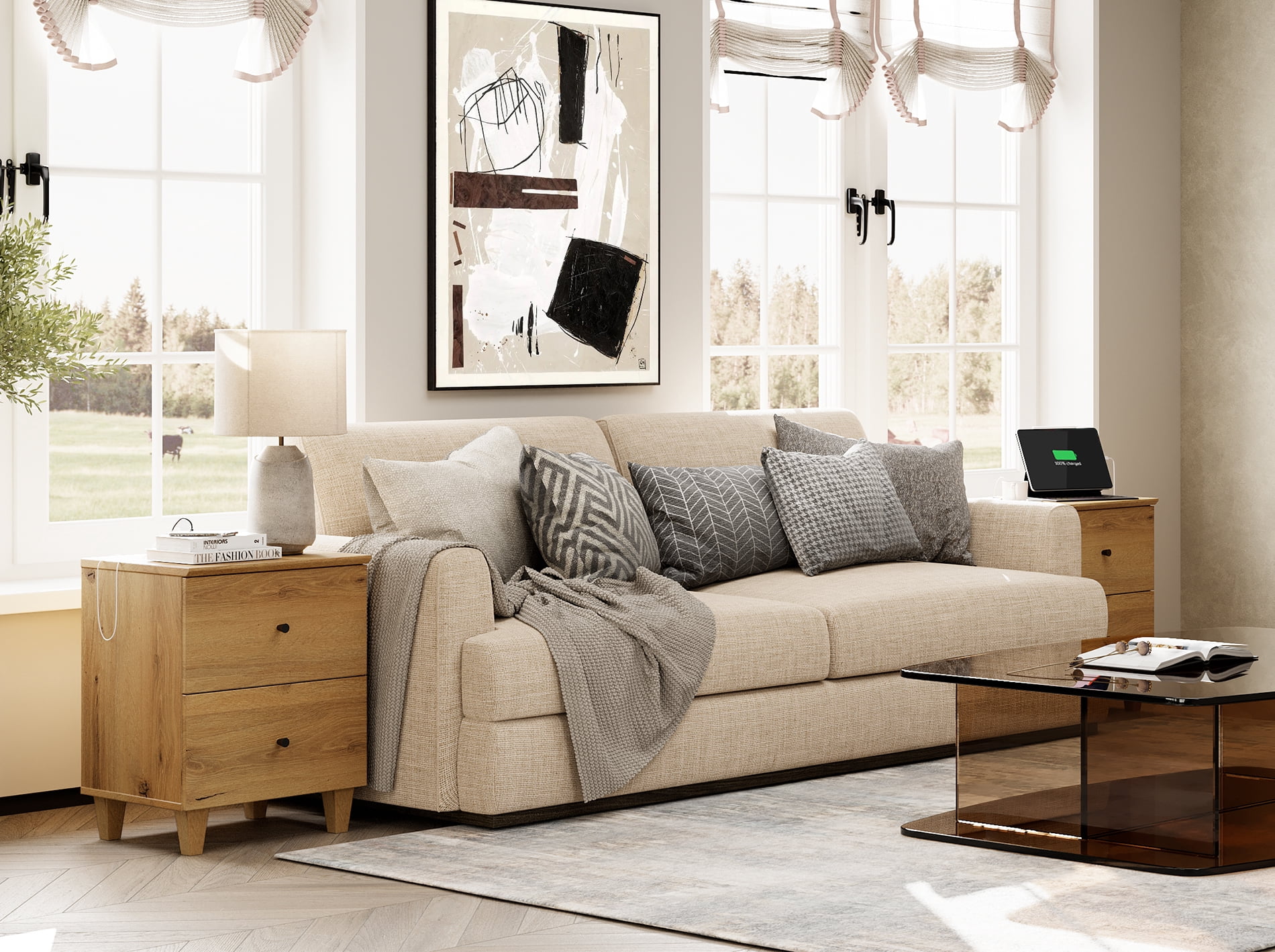 Modern End Tables Set of 2, Wooden Side Tables with 2 Storage Drawers and Charging Station, Small Nightstands for Living Room, Dark Brown Wood