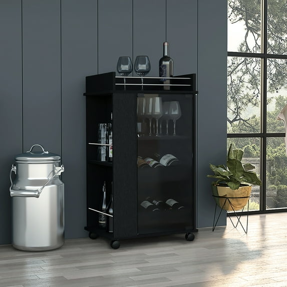 Modern Engineered Wood Bar Cart, , Glass Door For Home Entertaining Cart With Shelves, And Easy Movement