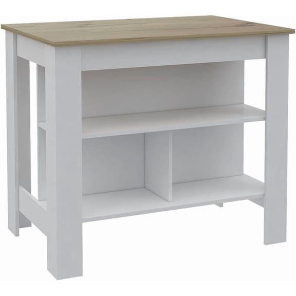 Modern Engineered Wood Kitchen Island, White Base Light Oak Top, 40.5" W x 27.5" D x 35.5" H, 3 Shelves, Spacious Prep Area, Compact Storage, Stylish Multi-Color Meal Prep Station