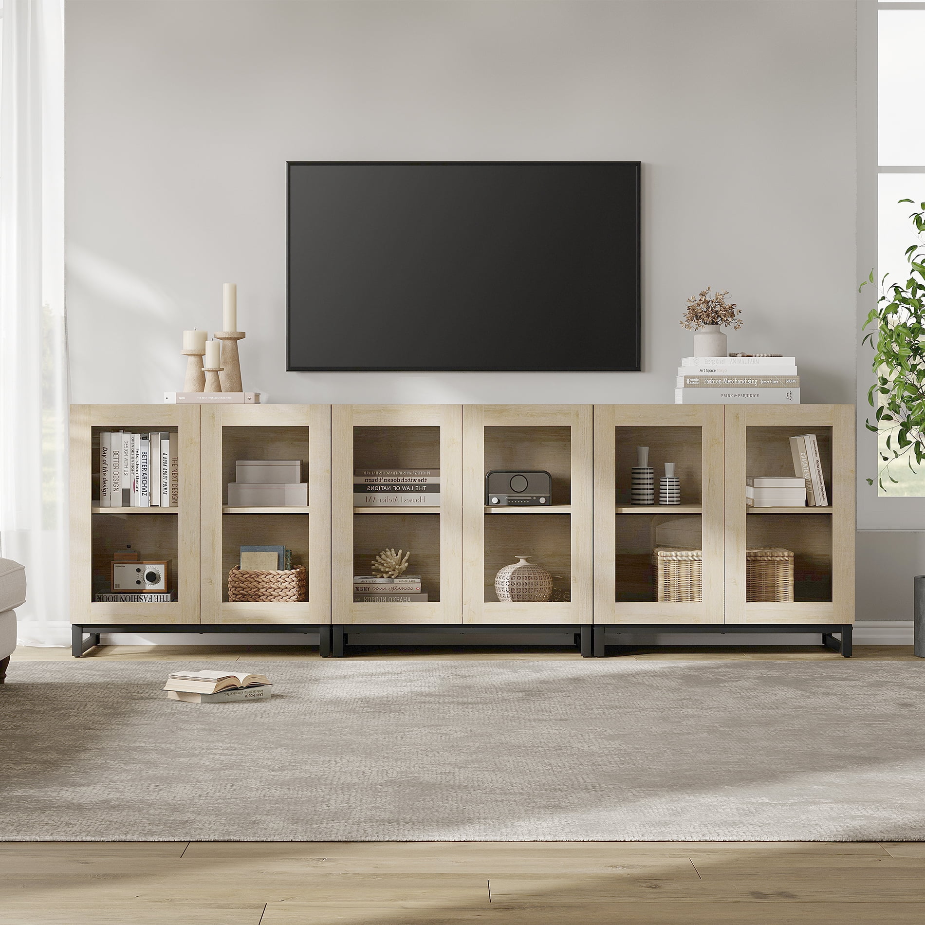 Modern Entertainment Center TV Console with Adjustable Shelves and Glass Doors, Home Media Furniture for 110 Inch TVs, Perfect for Living Room Use,Beige