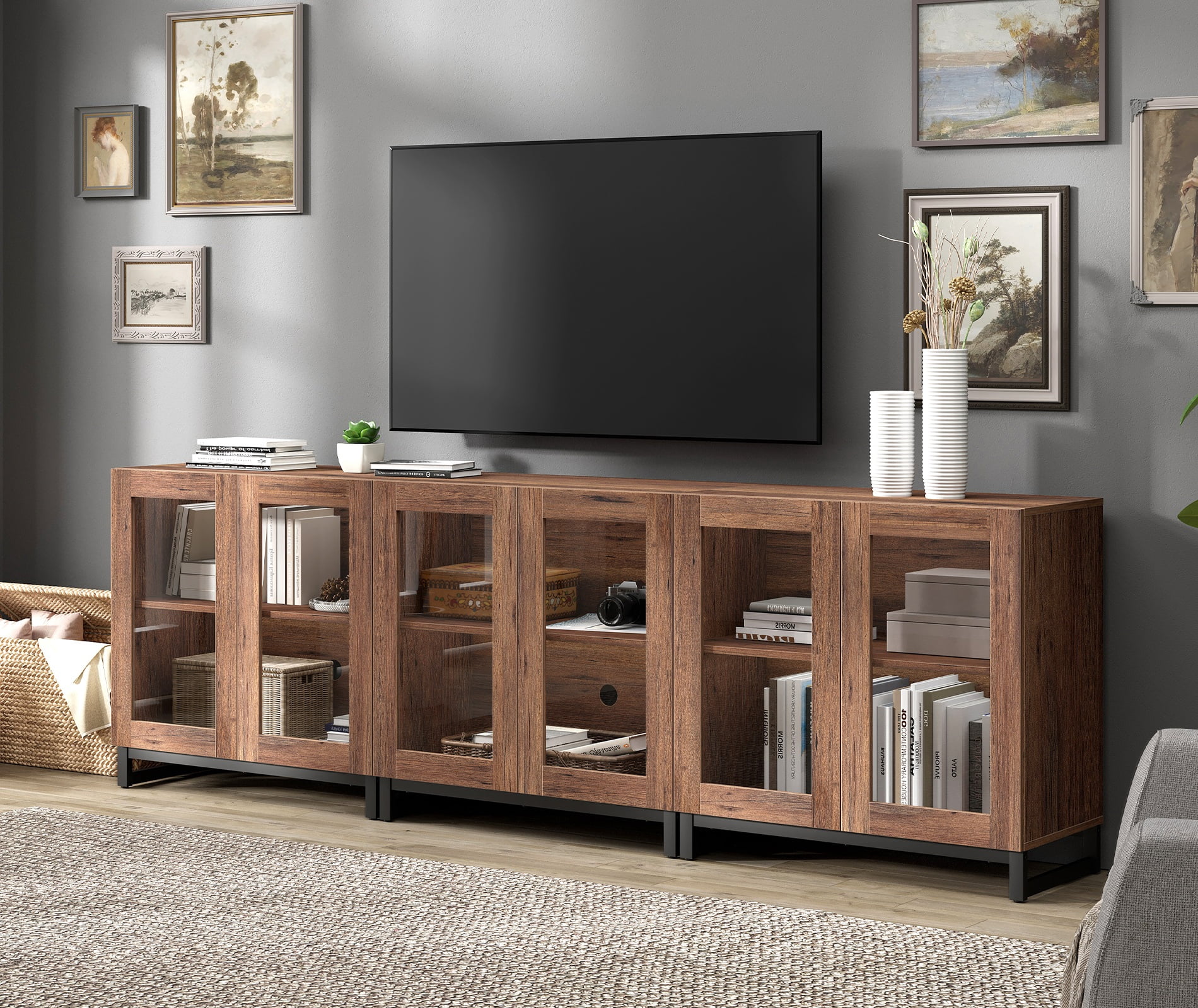 Modern Entertainment Center TV Console with Adjustable Shelves and Glass Doors, Home Media Furniture for 110 Inch TVs, Perfect for Living Room Use,Brown