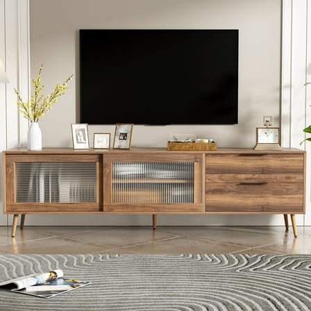 Modern Entertainment Center With 2 Glass Doors, 70" Tv Stand, Drawers, Walnut Mid-century Stand For 75"+ Tv, Look
