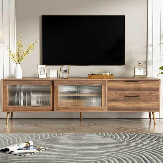 Modern Entertainment Center With 2 Glass Doors, 70" Tv Stand, Drawers, Walnut Mid-century Stand For 75"+ Tv, Look