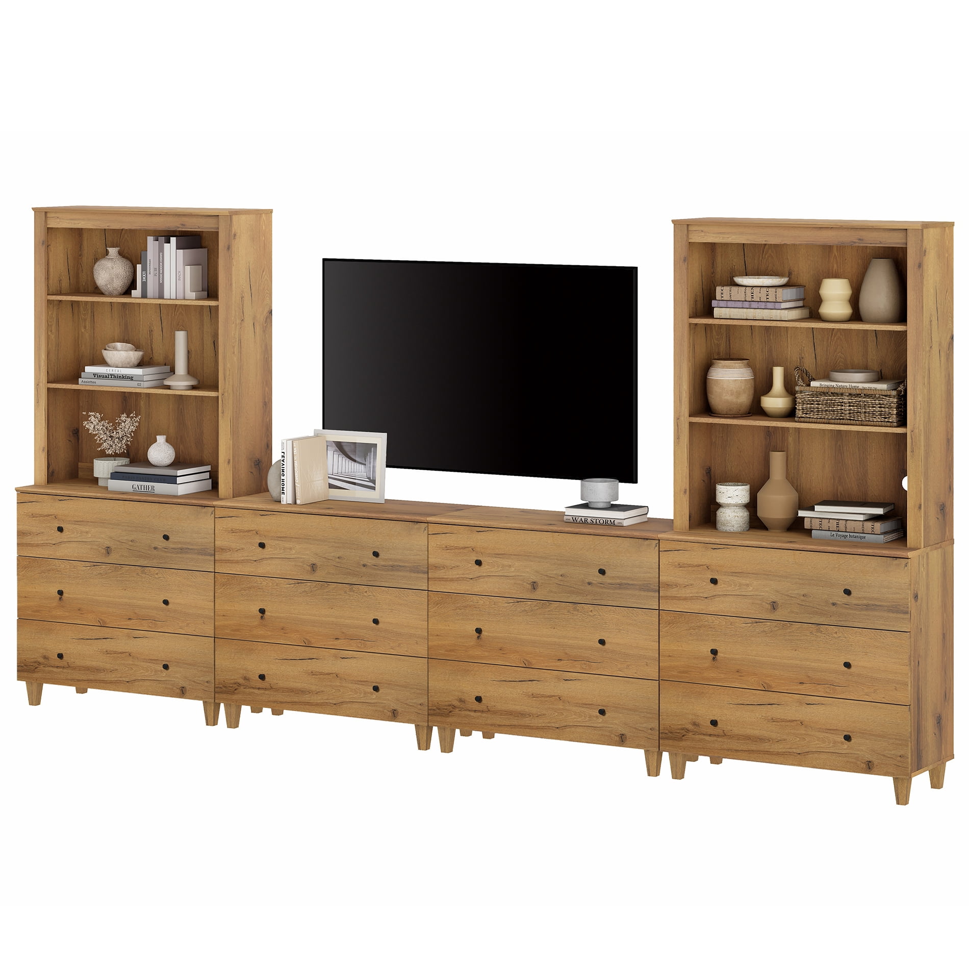 Modern Entertainment Center for 75 Inches TVs with Bookshelves & Drawers,Oak Brown