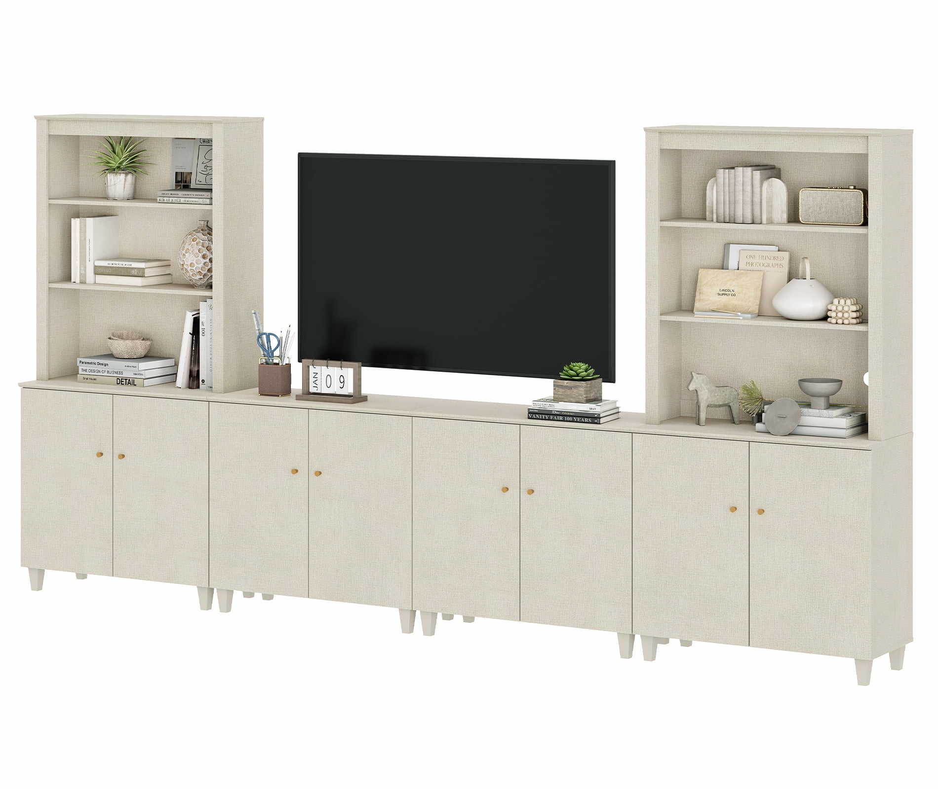 Modern Entertainment Center with Bookshelves and Cabinets for 75" TVs,Beige