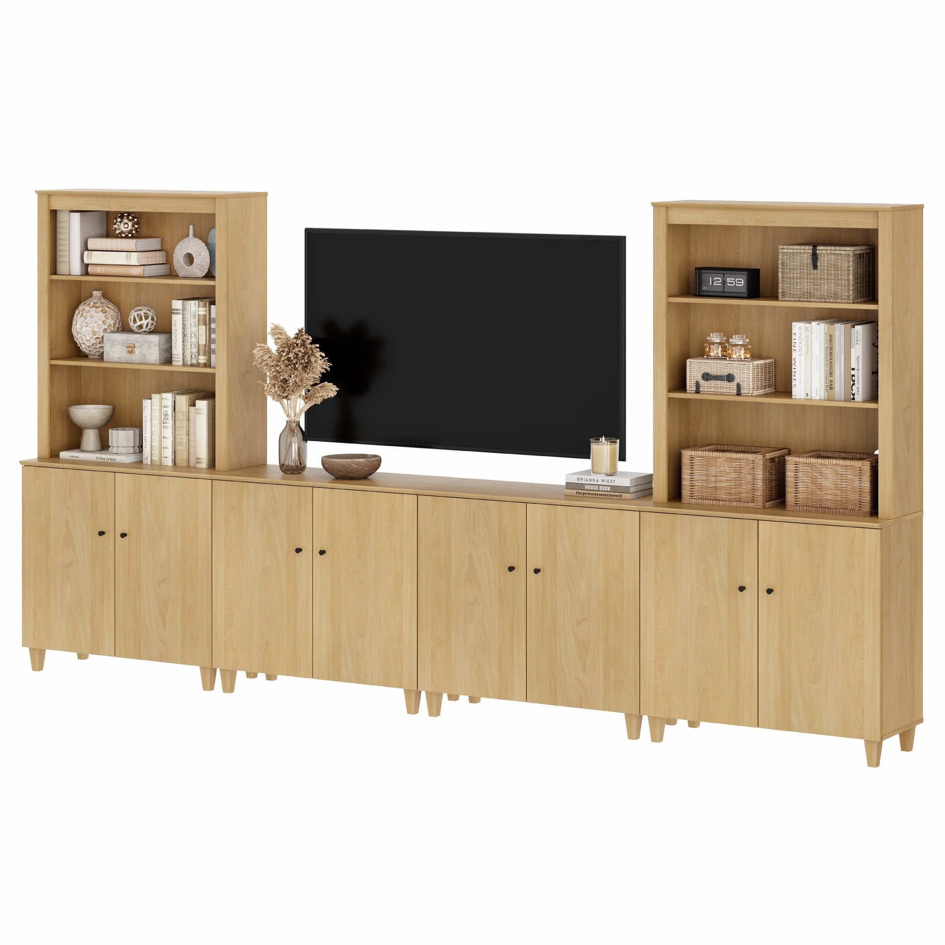 Modern Entertainment Center with Bookshelves and Cabinets for 75" TVs,Oak