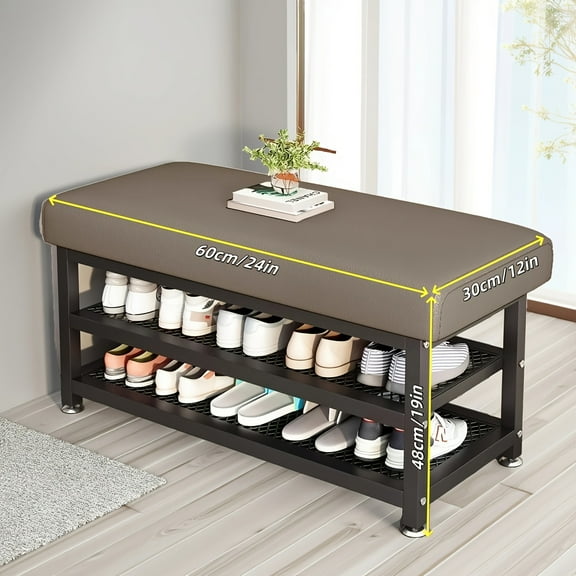 Modern Entrance Shoe Changing Stool with Rack. Soft Cushion, Metal Frame, Easy Install. Multi - Compartment, Space - Saving for Bedroom/Foyer