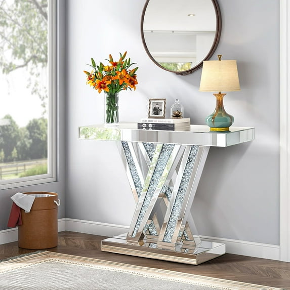 Modern Entryway Console Table with Crushed Diamond Inlay, 35" Silver Mirrored Glass Hallway Table for Entryway, Glam Decorative Sofa Tables for Living Room