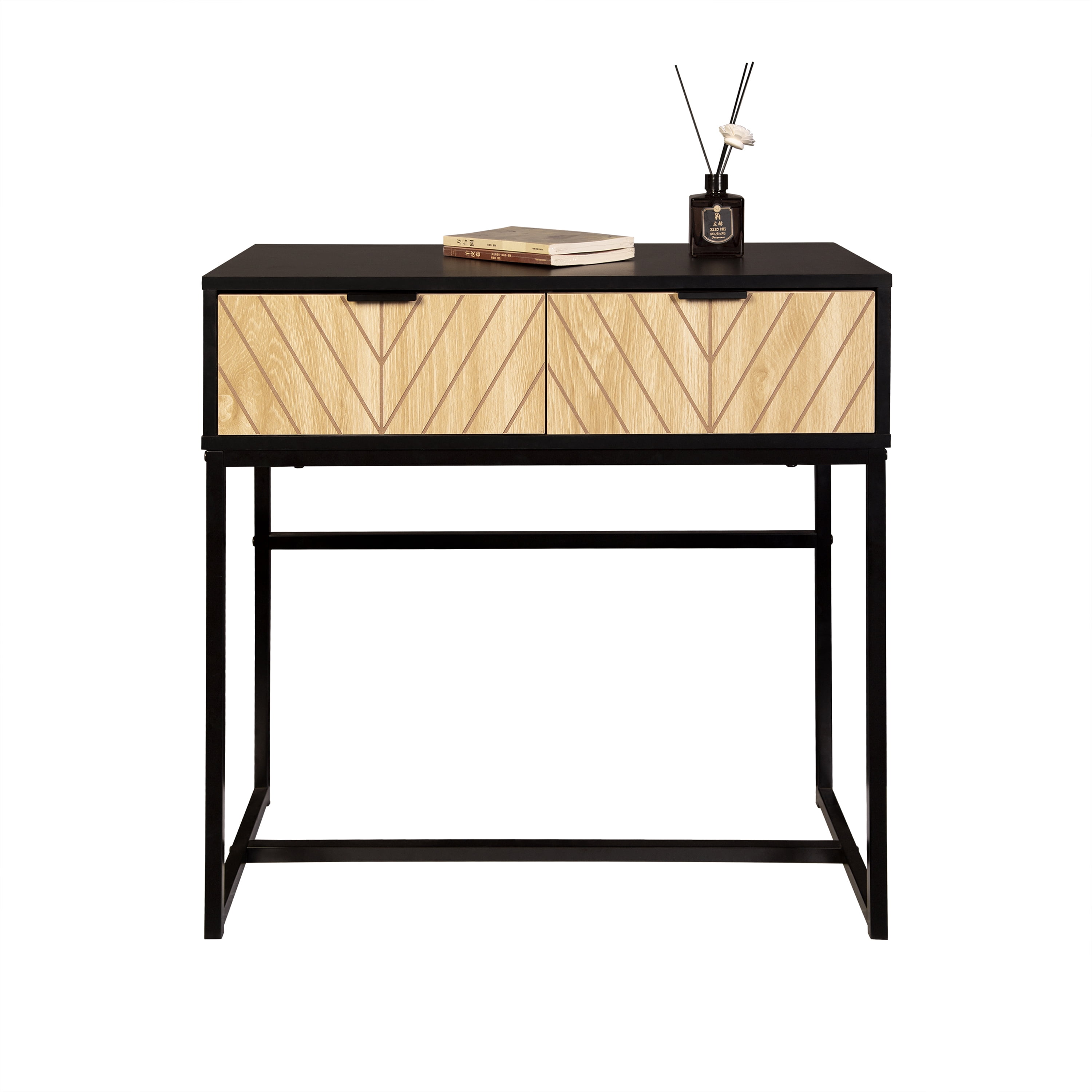 Modern Entryway Console Table, Matte Black Metal Frame Accent Table with Chevron Natural Wood Drawers, Compact Storage Sofa Side Table for Hallway Living Room Bedroom Small Spaces