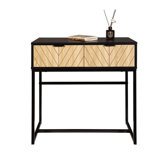 Modern Entryway Console Table, Matte Black Metal Frame Accent Table With Chevron Natural Wood Drawers, Compact Storage Sofa Side Table For Hallway Living Room Bedroom Small Spaces