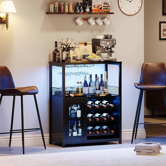 Lighted 3-Tier Wine Bar Cabinet, Freestanding Sideboard Buffet with Mesh Door, Adjustable Storage, Liquor Rack & Glass Holder