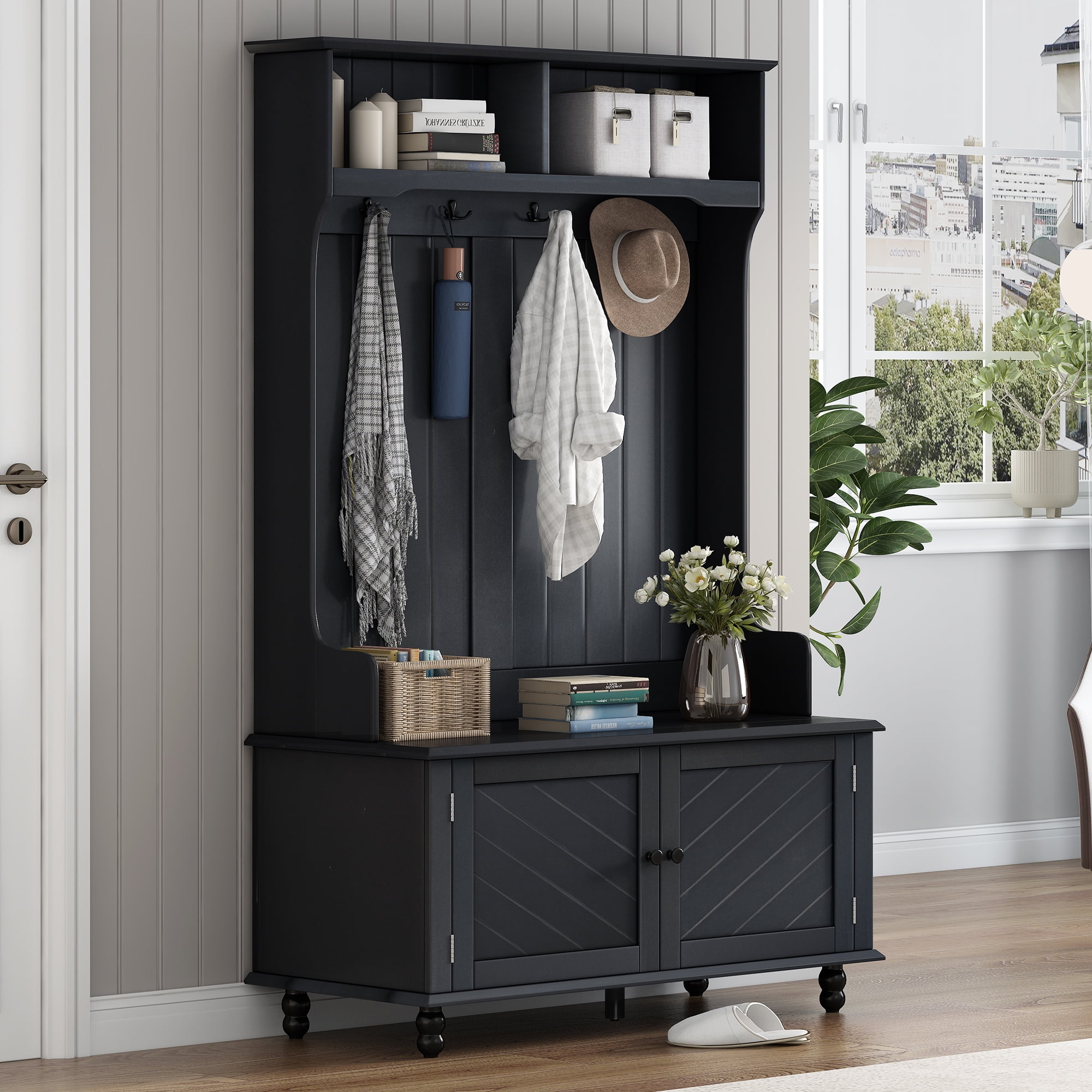 Black MDF Hall Tree with Storage Bench and Brass Hooks