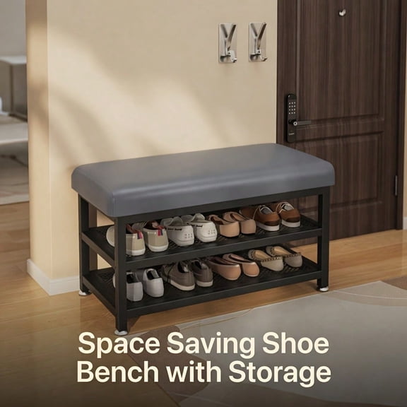Modern Entryway Shoe Bench with Soft Cushion, Sturdy Metal Frame, Easy Assembly, Multi-Compartment Space-Saving Shoe Organizer Bench for Hallway, Foyer and Bedroom