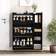 thumbnail image 1 of Modern Entryway Shoe Storage Cabinet Light Brown & Gold "35.4"x9.4"x46.3" Hidden Shoe Rack Organizer, 1 of 9