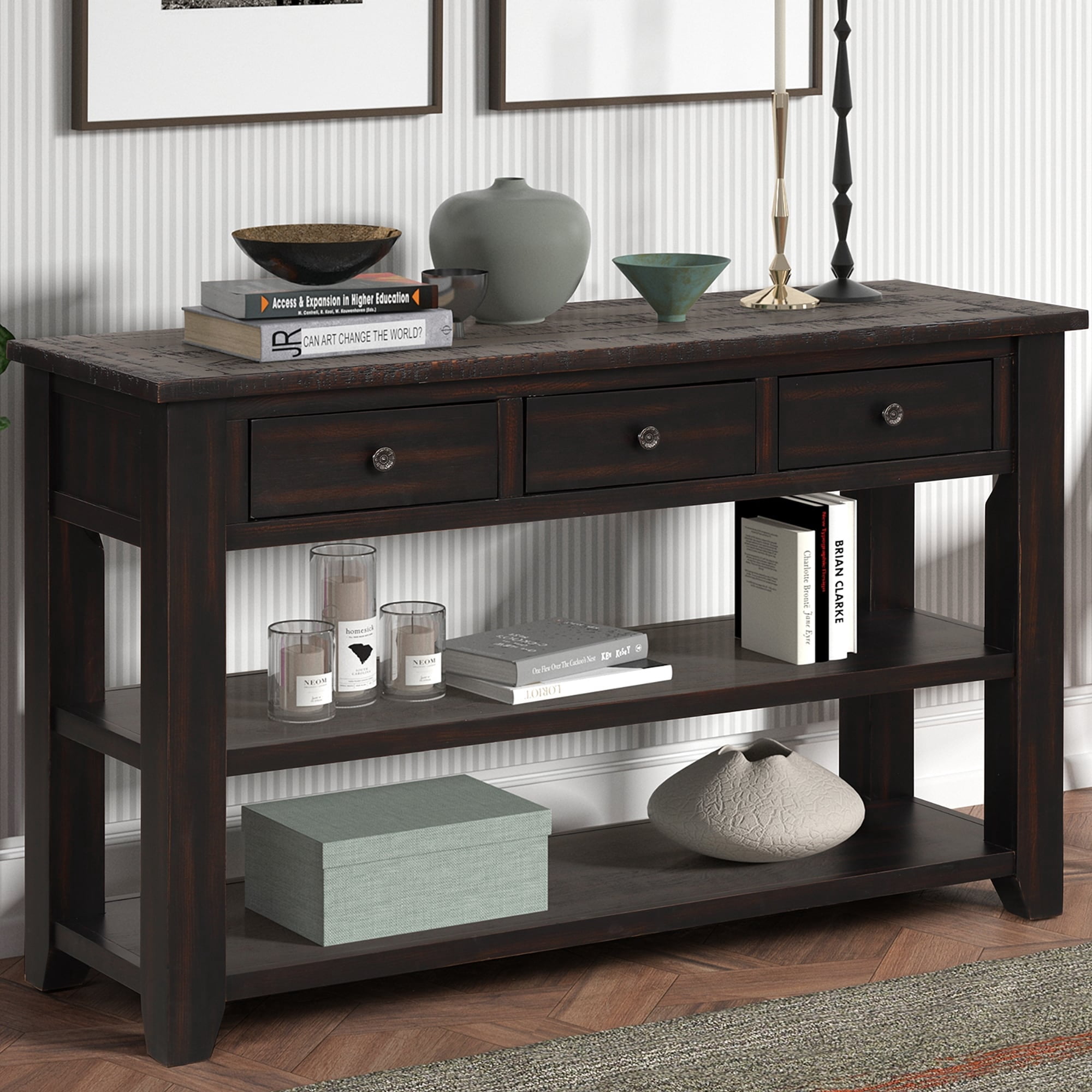 Modern Entryway Sofa Side Table Console Table with 3 Storage Drawers and 2 Shelves Black ...