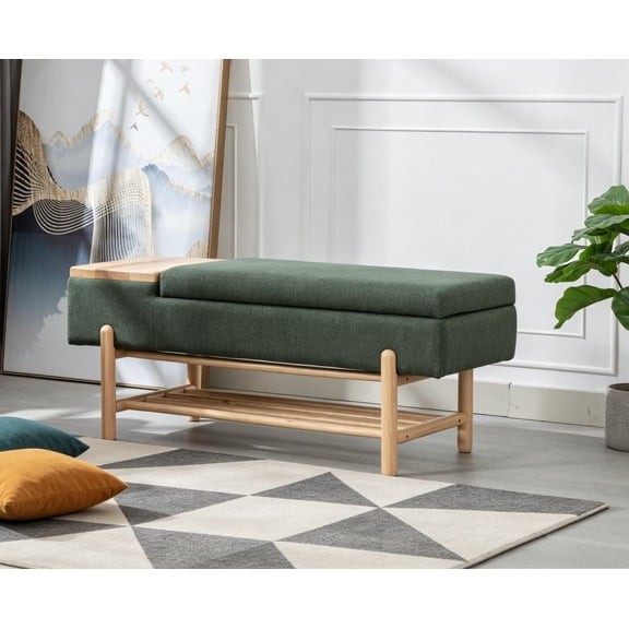Modern Entryway Storage Bench, Upholstered Shoe Ottoman Bench, Flip-Top End of Bed Bench with Wood Shelf/Coffee Table for Living Room, Bedroom, Hallway, Under Window, 46.5", Green Linen