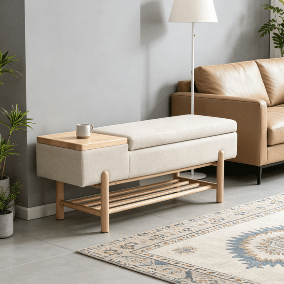Modern Entryway Storage Bench, Upholstered Shoe Ottoman Bench, Flip-Top End of Bed Bench with Wood Shelf / Coffee Table for Living Room, Bedroom, Hallway, Under Window, 46.5 Inches, Beige Linen