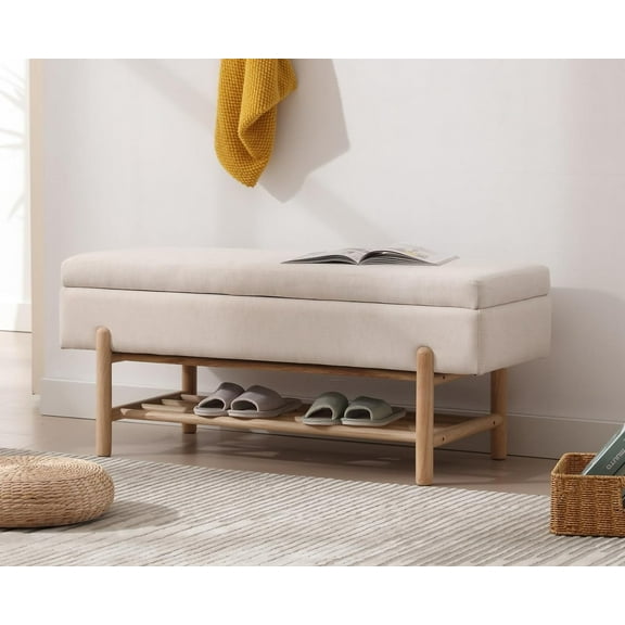 Modern Entryway Storage Bench, Upholstered Shoe Ottoman Bench, Flip-Top End of Bed Bench with Wood Shelf for Living Room/Bedroom/Hallway/Under Window,45Inches, Beige Linen