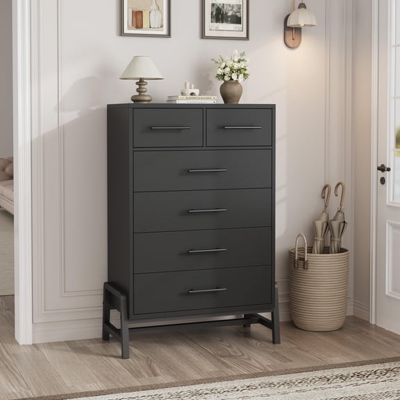 Modern Entryway Storage Cabinet  5 Drawers, Freestanding Engineered Wood Dresser for Bedroom, Living Room, or Hallway, Compact Multi-Drawer Organizer, Pure Fine Linen Black  Pure fine linen black