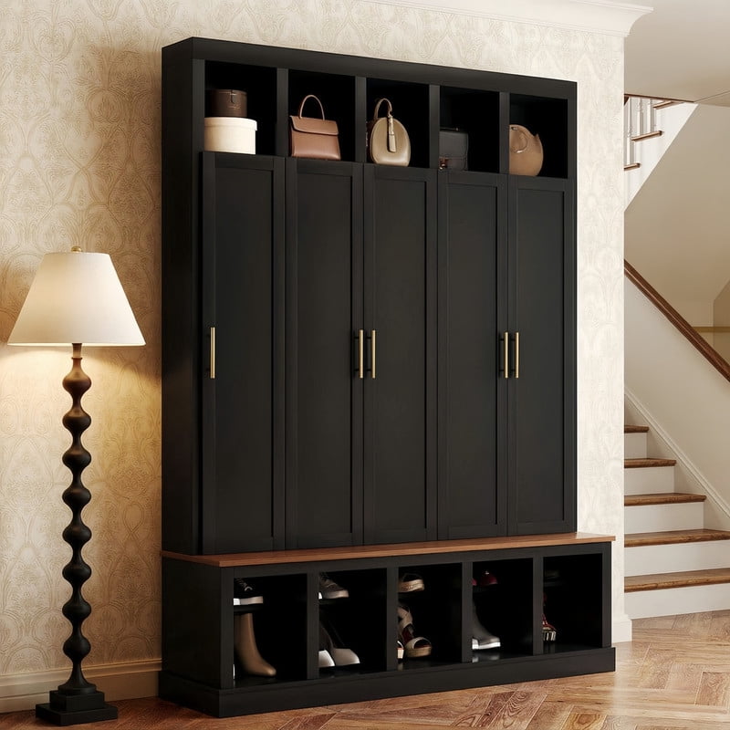 Modern Entryway Storage Cabinet with Shoe Racks & Cubbies, Coat Closet Large Hall Tree with Shoe Bench & Hooks