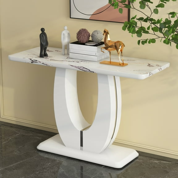 Modern Entryway Table, Marbling Entrance Sofa Table with Oval Frames and White MDF Base, Console Table for Living Room, Entryway, Hallway, Bedroom