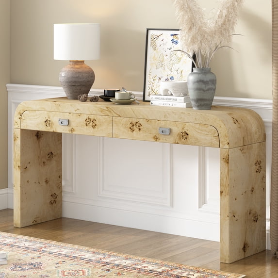 U_STYLE 60''Wooden Entryway Table with Burl Veneer, Console Table with 2 Large Drawers and Metal Handles,Multi-Functional Sofa Table with 2 Sturdy Legs,Suitable for Living Room, Foyer,Hallway, Office