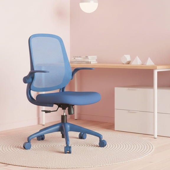 Modern Ergonomic Mesh Office Chair with Aluminum Base & Flip-Up Arms, Breathable Executive Task Chair for Guest & Manager Office, Blue