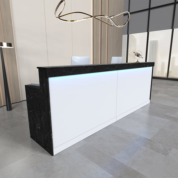 Modern Ergonomic Reception Desk With LED Lighting（Black Grain & White; 71"L x 24"W x 39"H）