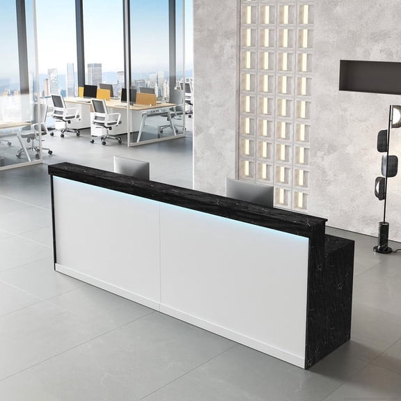 Modern Ergonomic Reception Desk With LED Lighting(Black Grain & White; 71"L x 24"W x 39"H)